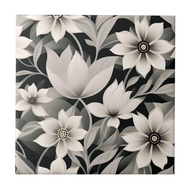 Grey And Black Botanical Pattern Tile (Front)