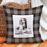 Grey and Black Buffalo Plaid | Family Photo Cushion<br><div class="desc">This trendy and rustic pillow features your personal photo in a simple frame with your family name on a grey and black buffalo plaid pattern background.</div>