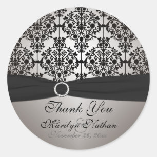 Grey and Black Damask 3" Round Sticker