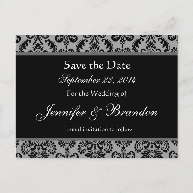 Grey and Black Damask Save The Date Postcard (Front)