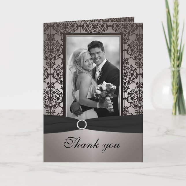 Grey and Black Damask Thank You Card with Photo (Front)