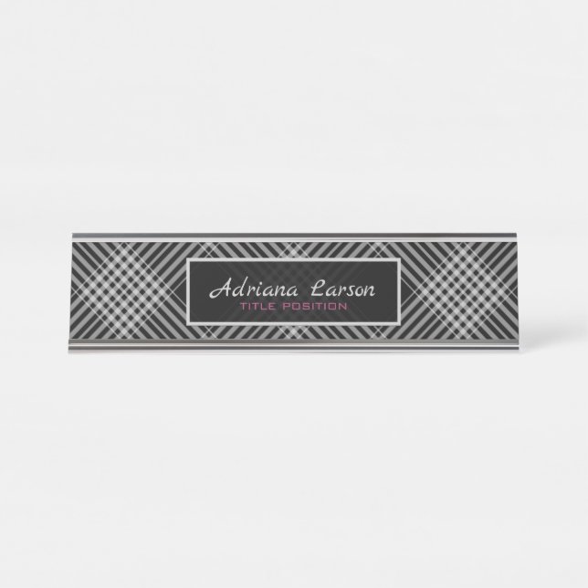 Grey And Black Diagonal Plaid Desk Name Plate (Front)
