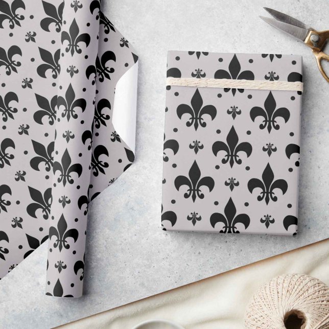 Grey and Black Fleur-de-lis Pattern Design  Wrapping Paper (Creator Uploaded)