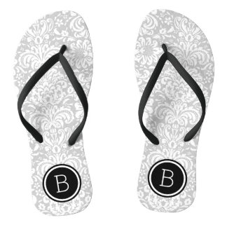 Grey and Black Floral Damask Monogram Jandals