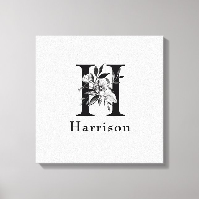Grey and Black  Floral Monogram Letter H Custom Canvas Print (Front)