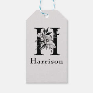 Grey and Black Floral Monogram Letter H Custom Gift Tags