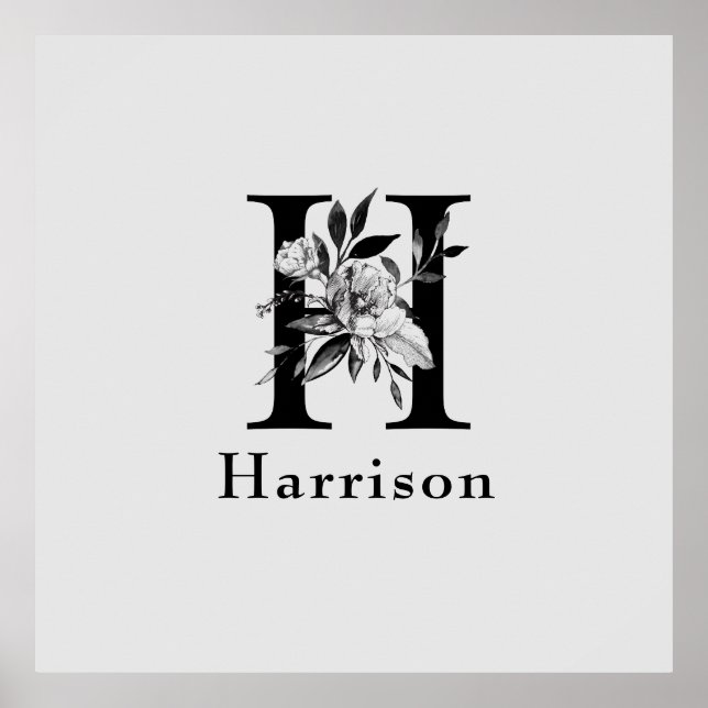 Grey and Black  Floral Monogram Letter H Custom Poster (Front)