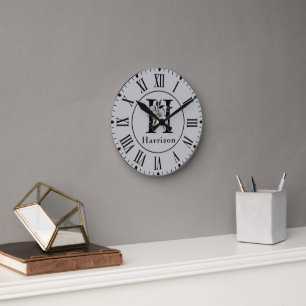 Grey and Black Floral Monogram Letter H Custom Round Clock
