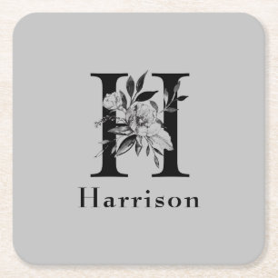 Grey and Black Floral Monogram Letter H Custom Square Paper Coaster