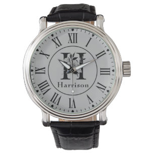 Grey and Black  Floral Monogram Letter H Custom Watch