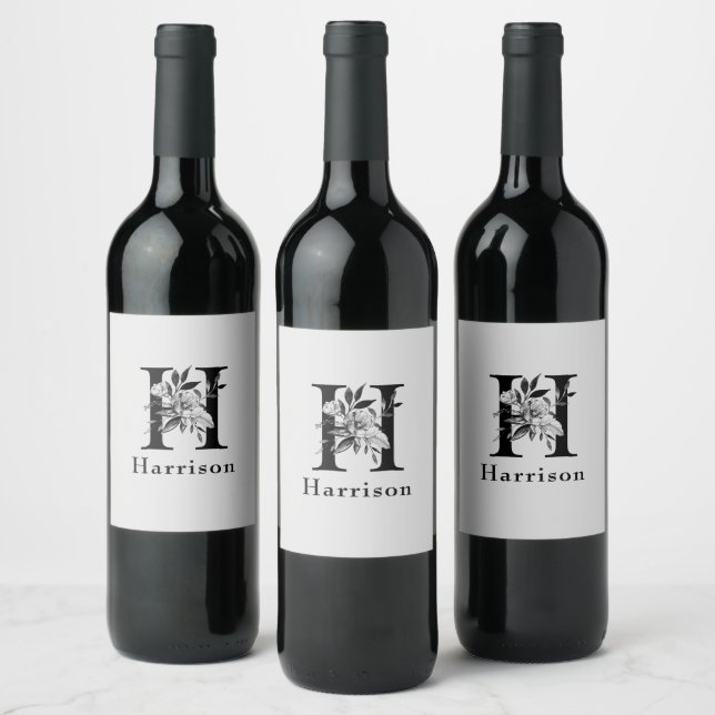 Grey and Black  Floral Monogram Letter H Custom Wine Label (Bottles)