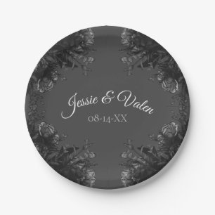 Grey and black floral wedding paper plate