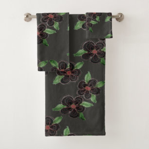 Grey And Black Flowered Bath Towel Set