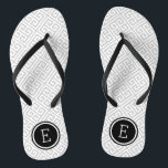 Grey and Black Greek Key Monogram Jandals<br><div class="desc">Custom printed flip flop sandals with a stylish modern Greek key pattern and your custom monogram or other text in a circle frame. Click Customise It to change text fonts and colours or add your own images to create a unique one of a kind design!</div>