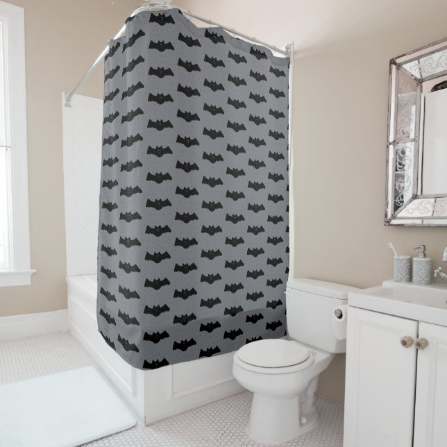Grey and Black Halloween Bats Shower Curtain (In Situ)