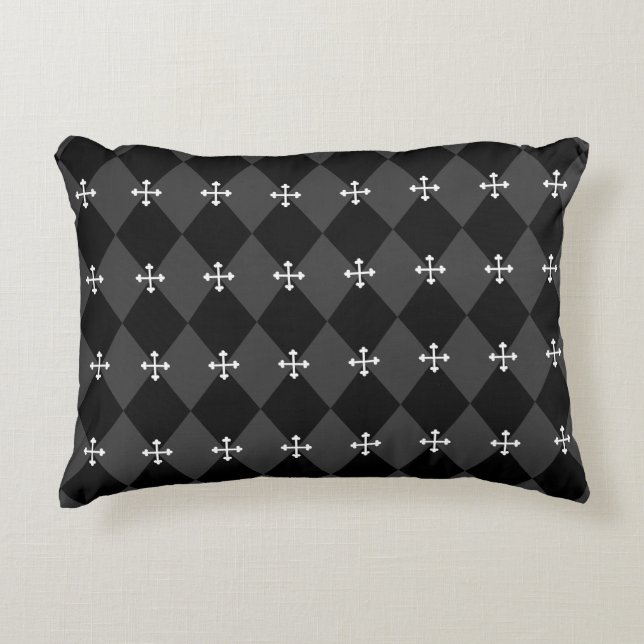 Grey and Black Harlequin Design with Gothic Cross Decorative Cushion (Front)