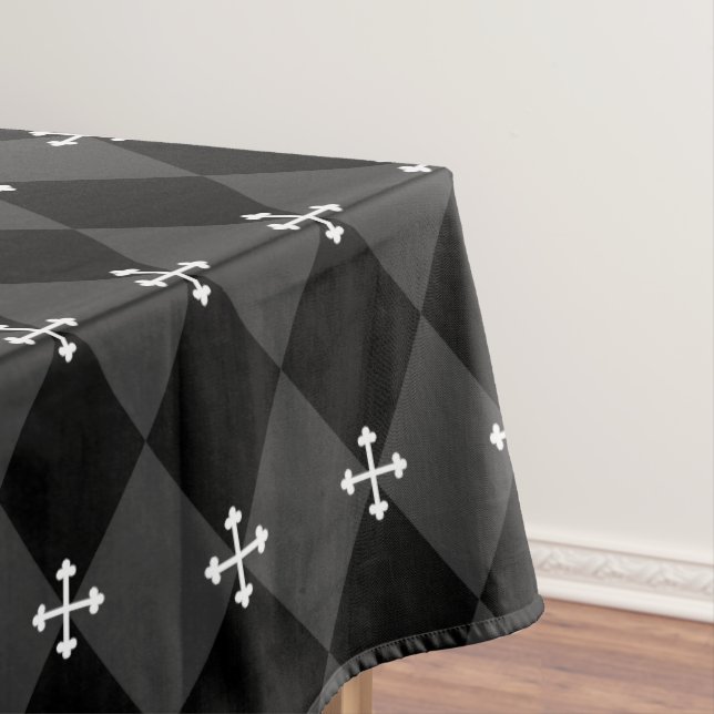Grey and Black Harlequin Design with Gothic Cross Tablecloth (In Situ)