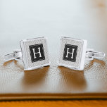 Grey and Black Herringbone Pattern Monogram Silver Finish Cufflinks<br><div class="desc">Modern and trendy monogram and pattern design.</div>