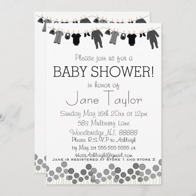 Grey and Black Little Clothes Baby Shower Invitation (Front/Back)
