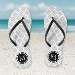 Grey and Black Moroccan Quatrefoil Monogram Jandals<br><div class="desc">Custom printed flip flop sandals with a stylish Moroccan quatrefoil pattern and your custom monogram or other text in a circle frame. Click Customise It to change text fonts and colours or add your own images to create a unique one of a kind design!</div>