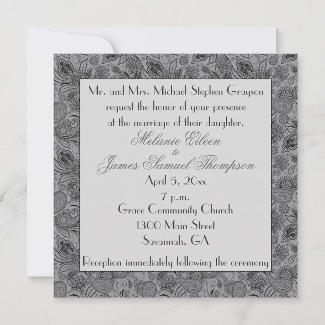 Grey and Black Paisley Wedding Invitation (Front)