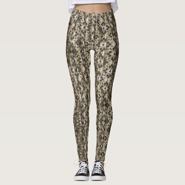 Grey and Black Patterned Flowers Leggings (Front)