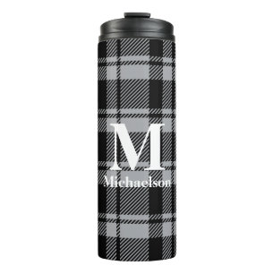 Grey and Black Plaid with Monogram Name  Thermal Tumbler