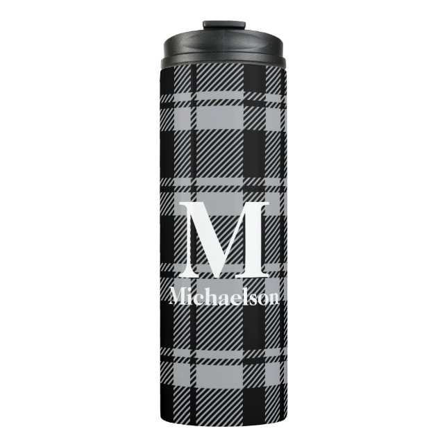 Grey and Black Plaid with Monogram Name  Thermal Tumbler (Front)
