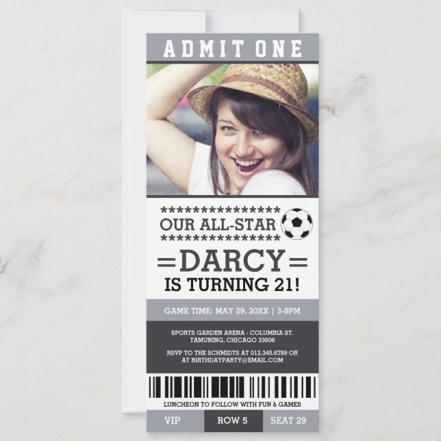 Grey and Black Soccer Ticket Birthday Invites (Front)