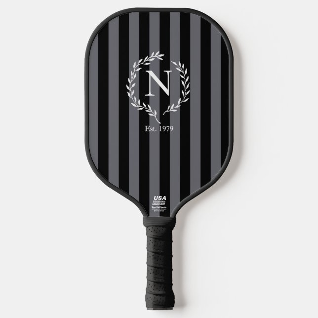 Grey and Black Stripes Monogram Wreath Est Year Pickleball Paddle (Front)
