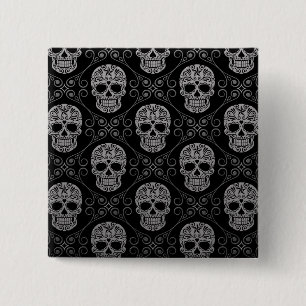 Grey and Black Sugar Skull Pattern 15 Cm Square Badge