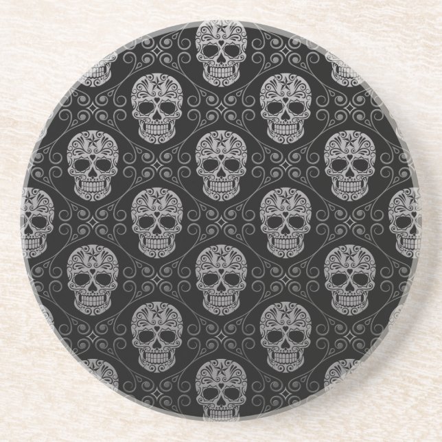 Grey and Black Sugar Skull Pattern Coaster (Front)