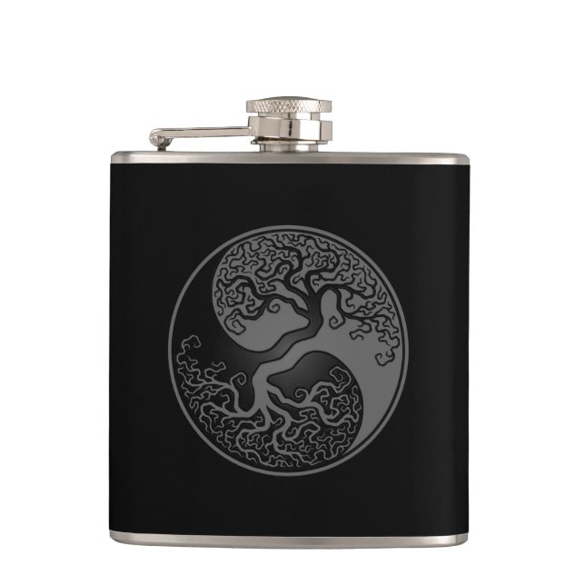 Grey and Black Tree of Life Yin Yang Hip Flask (Front)