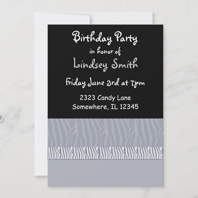 Grey and Black Zebra Print Birthday Invitation (Front)