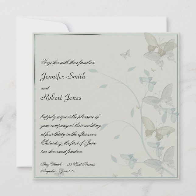 Grey and Blue Butterfly Meadow Wedding Invitation (Front)