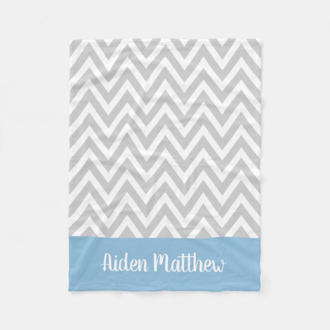 Grey and Blue Chevron Baby Name Monogrammed Fleece Blanket (Front)