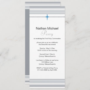 Grey and Blue Cross First Communion Invitation