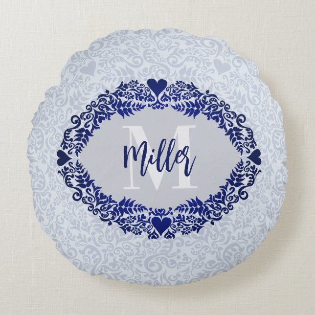 Grey and Blue Damask Monogram Decorative Name Round Cushion (Front)