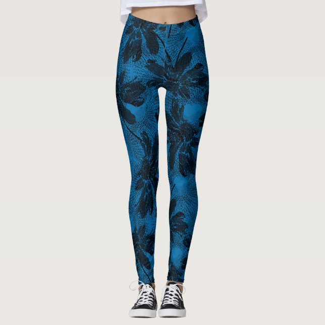 Grey and blue floral pattern. leggings (Front)