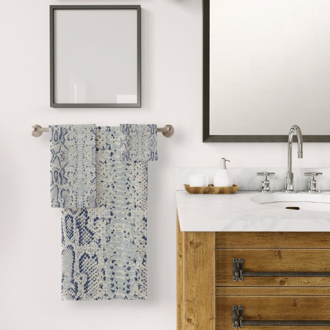 Grey and Blue Snake Skin Animal Print Bath Towel Set (Grey and Blue Snake Skin Print Bath Towel Set by Looly Elzayat)