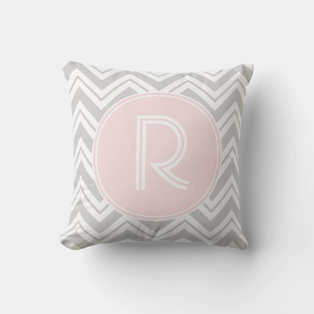 Grey and Blush Chevron Pattern Monogram Pillow (Front)