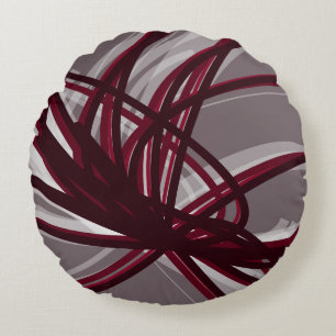 Grey and Burgundy Artistic Abstract Ribbons Round Cushion