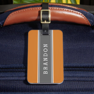 Grey and Burnt Orange Rugby Stripe Custom Monogram Luggage Tag
