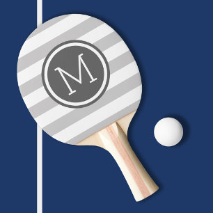 Grey and Charcoal Preppy Stripes Monogram Ping Pong Paddle