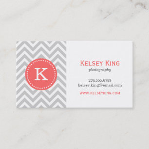 Grey and Coral Chevron Custom Monogram Business Card