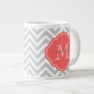 Grey and Coral Chevron Custom Monogram Large Coffee Mug