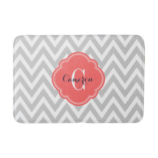 Grey and Coral Chevron Monogram Bath Mat
