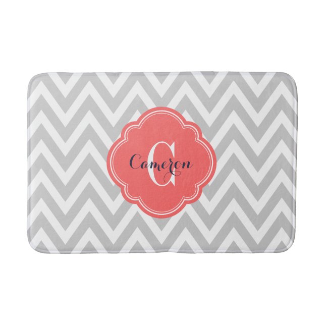 Grey and Coral Chevron Monogram Bath Mat (Front)