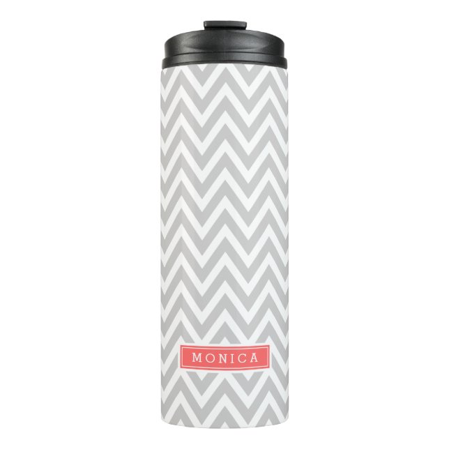 Grey and Coral Chevron Monogram Thermal Tumbler (Front)