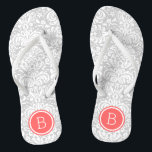 Grey and Coral Floral Damask Monogram Jandals<br><div class="desc">Custom printed flip flop sandals with a stylish elegant floral damask pattern and your custom monogram or other text in a circle frame. Click Customise It to change text fonts and colours or add your own images to create a unique one of a kind design!</div>